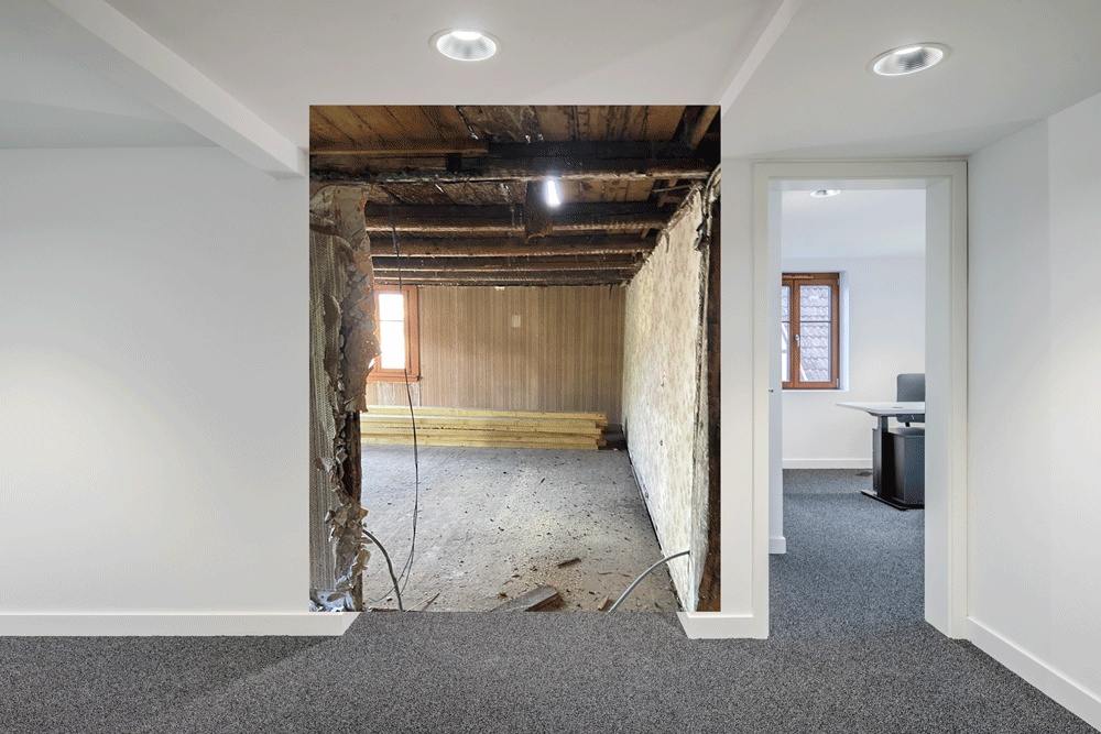SURPRISE ARCHITECTE MEAET AVANT APRES BOUCHERIE RENOVATION EXTENSION REHBAILITATION BUREAU ESCALIER MOQUETTE BLANC BOIS