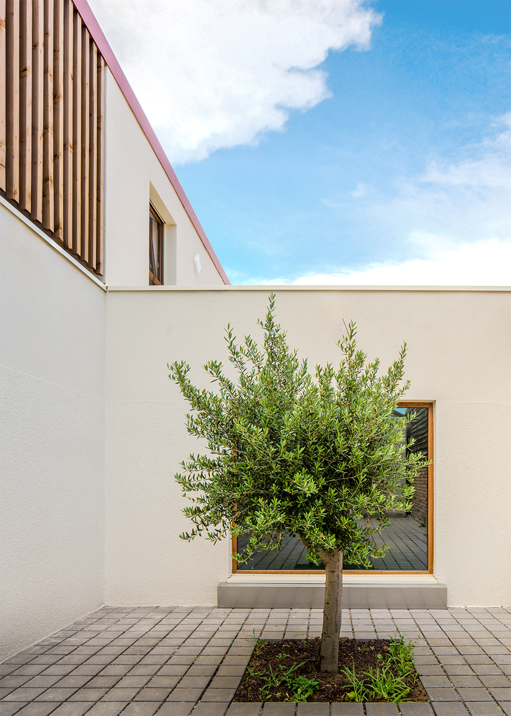 duttlenheim cabinet de kinésithérapie architecte surprise adrien puzzuoli architecte construction neuve projet alsace facade crépis fenetre bois patio pavé krominus béton